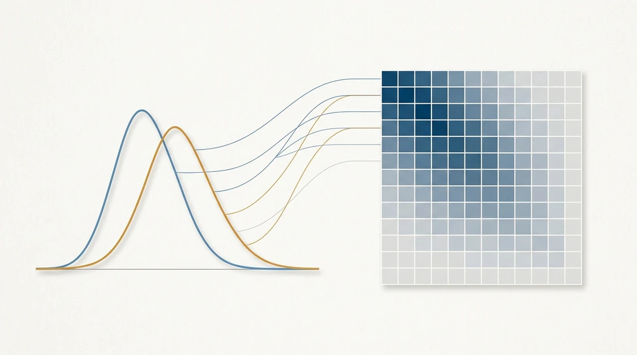 A clean diagram shows two goal probability curves feeding into a shaded scoreline probability matrix.