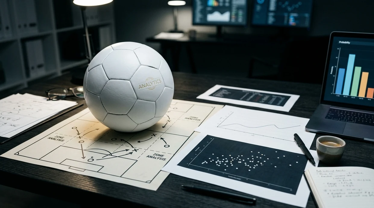 A football sits on an analyst desk with abstract charts and probability visuals around it.