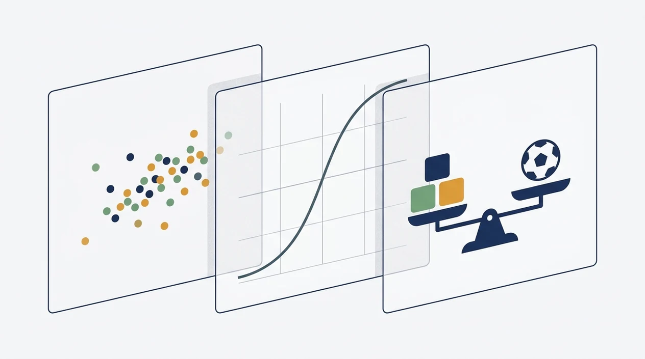 An abstract data illustration shows forecast dots, a calibration curve, and a balanced scale.