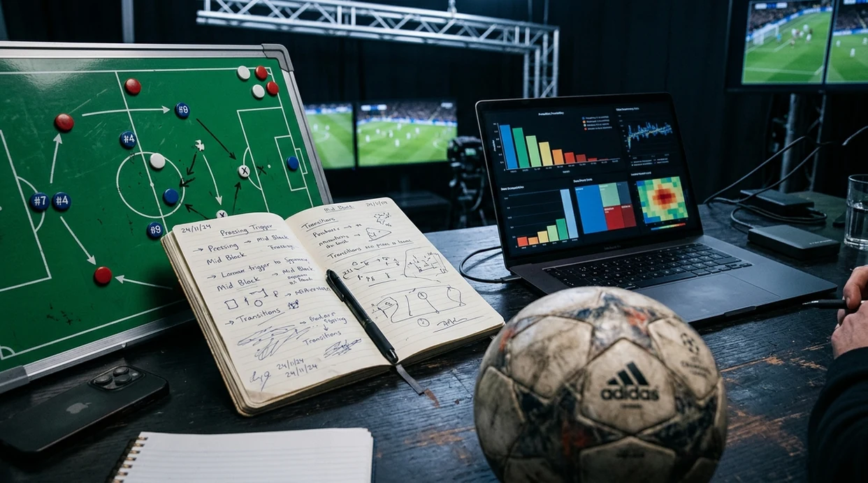 A football analyst desk contrasts a tactical notebook, match ball, and abstract model dashboard.