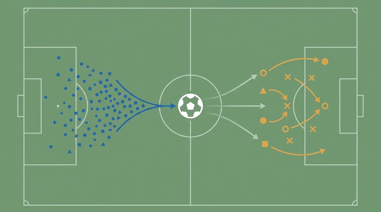 An overhead football pitch illustration shows data points and tactical markers merging into one forecast.