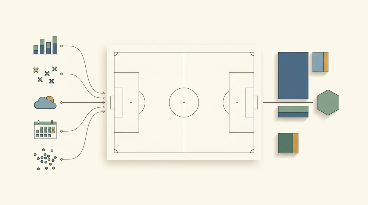 A clean diagram shows football data streams feeding into a pitch and producing probability outputs.