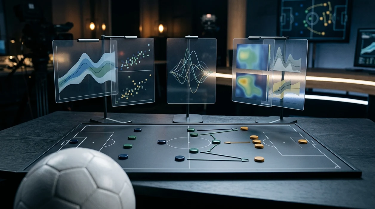A football tactics board with abstract probability cards suggests AI match forecasting and comparison.