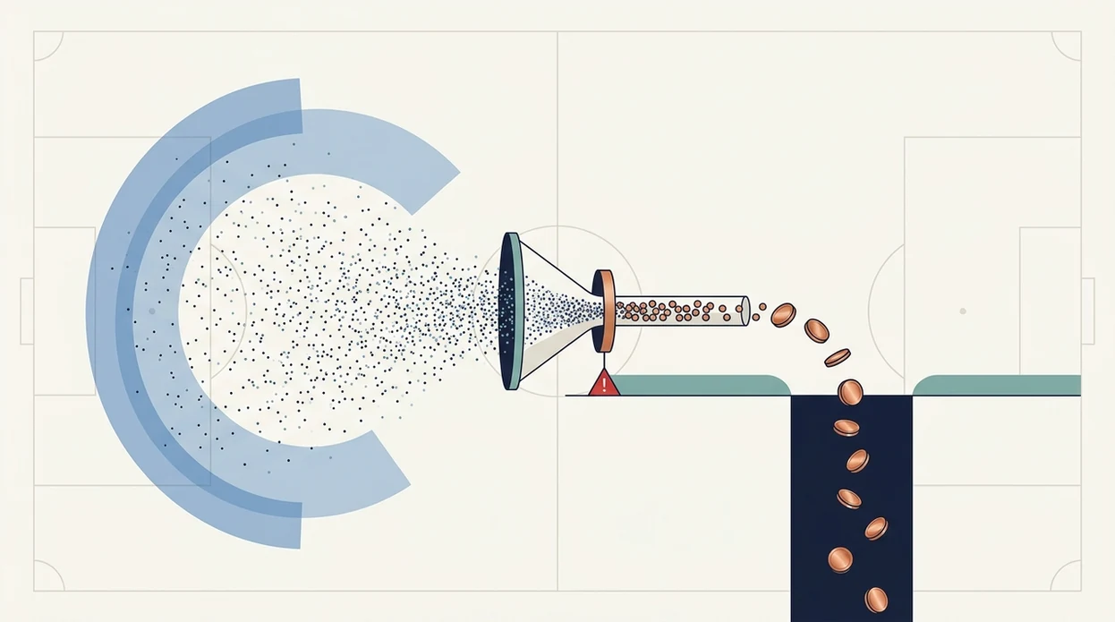 An abstract probability gauge funnels data points into coins falling into a dark gap.