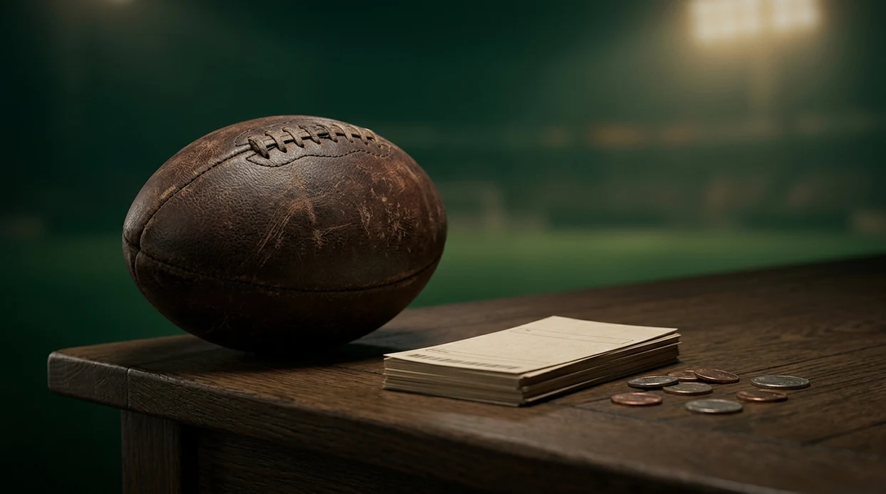 A football, blurred betting slips, and coins sit on wet turf under dim stadium lights.