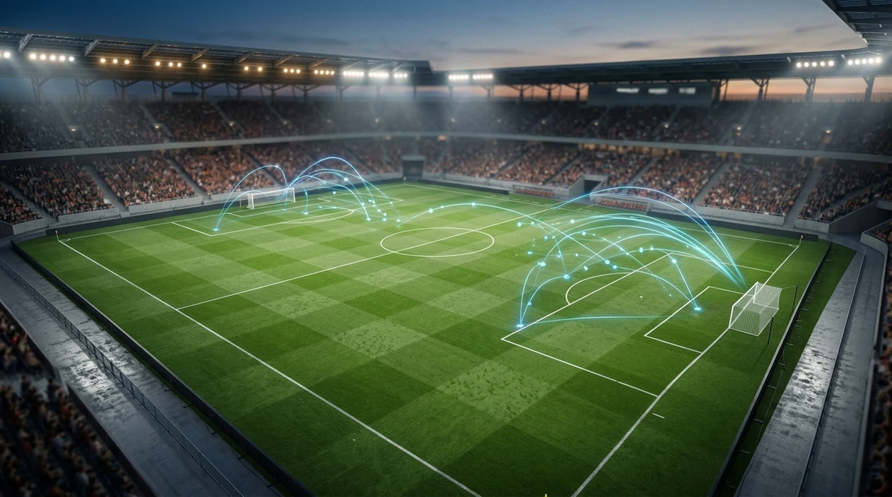 An empty floodlit football pitch with subtle data arcs suggesting AI both-teams-to-score signals.