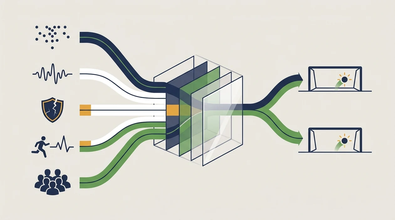 A clean diagram shows football data signals flowing through a model into both goals scoring.