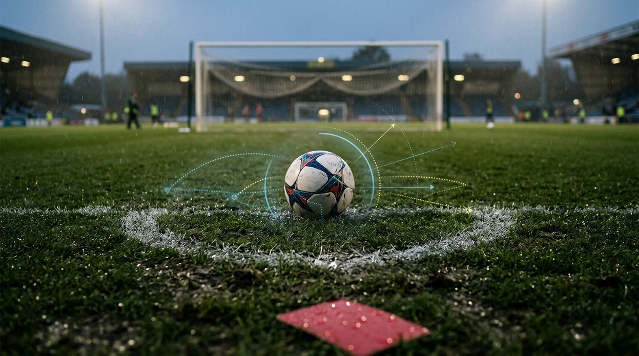 A football on a wet pitch with abstract probability paths and a red card nearby.