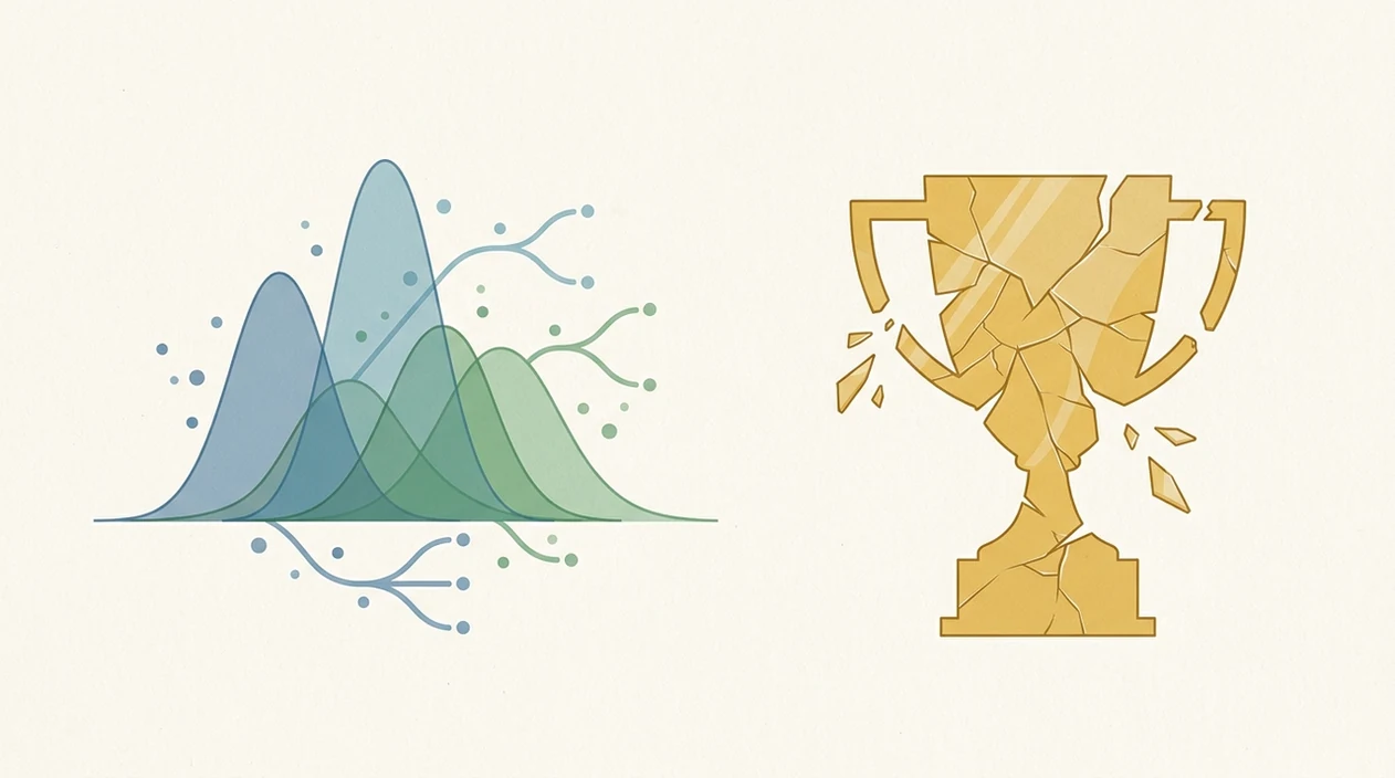An abstract diagram contrasts probability curves with a cracked symbol of false certainty.