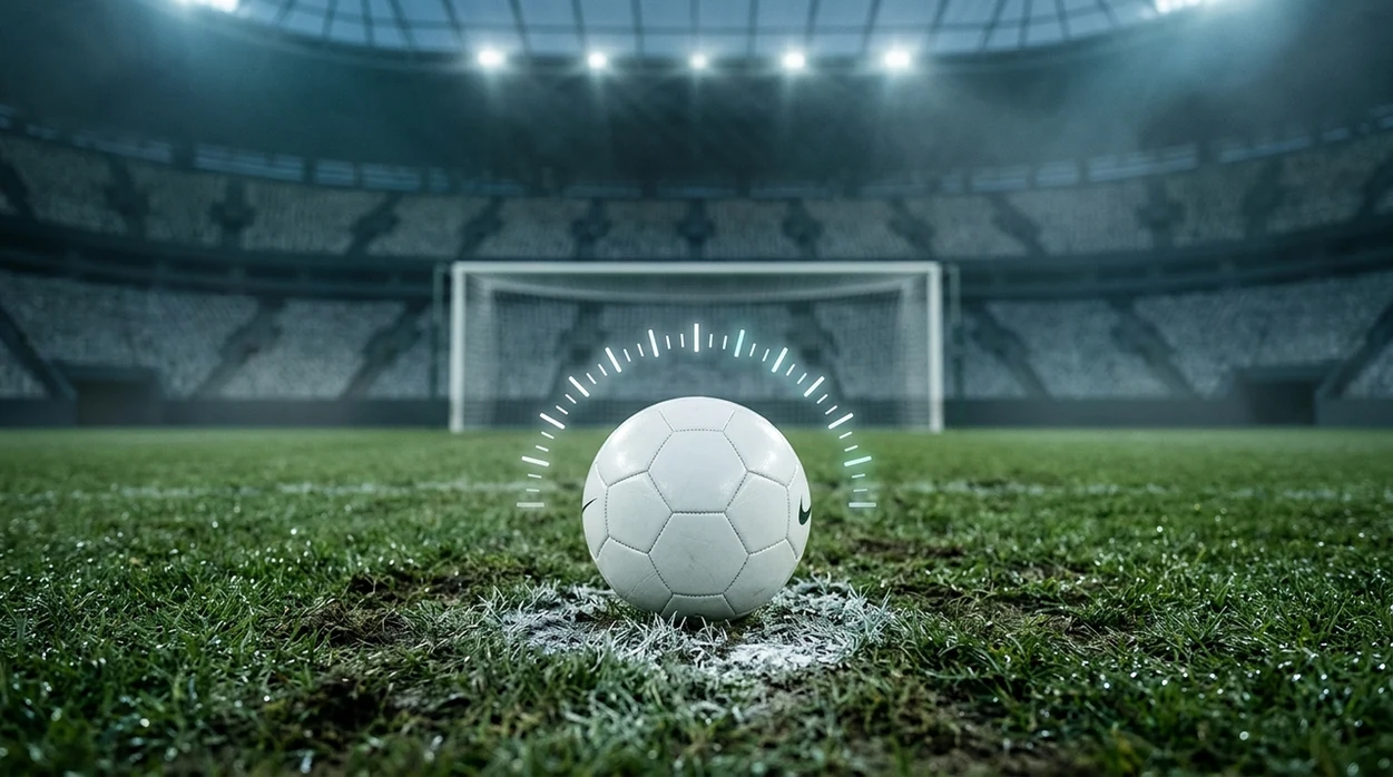 A football on the penalty spot with a glowing meter arc suggesting prediction confidence.