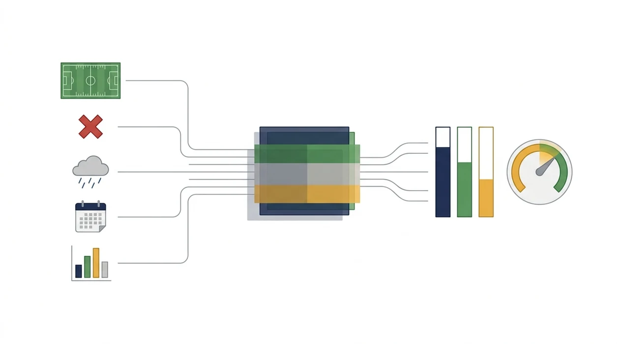 A simple diagram shows match data flowing into a model and emerging as probability bars and a gauge.