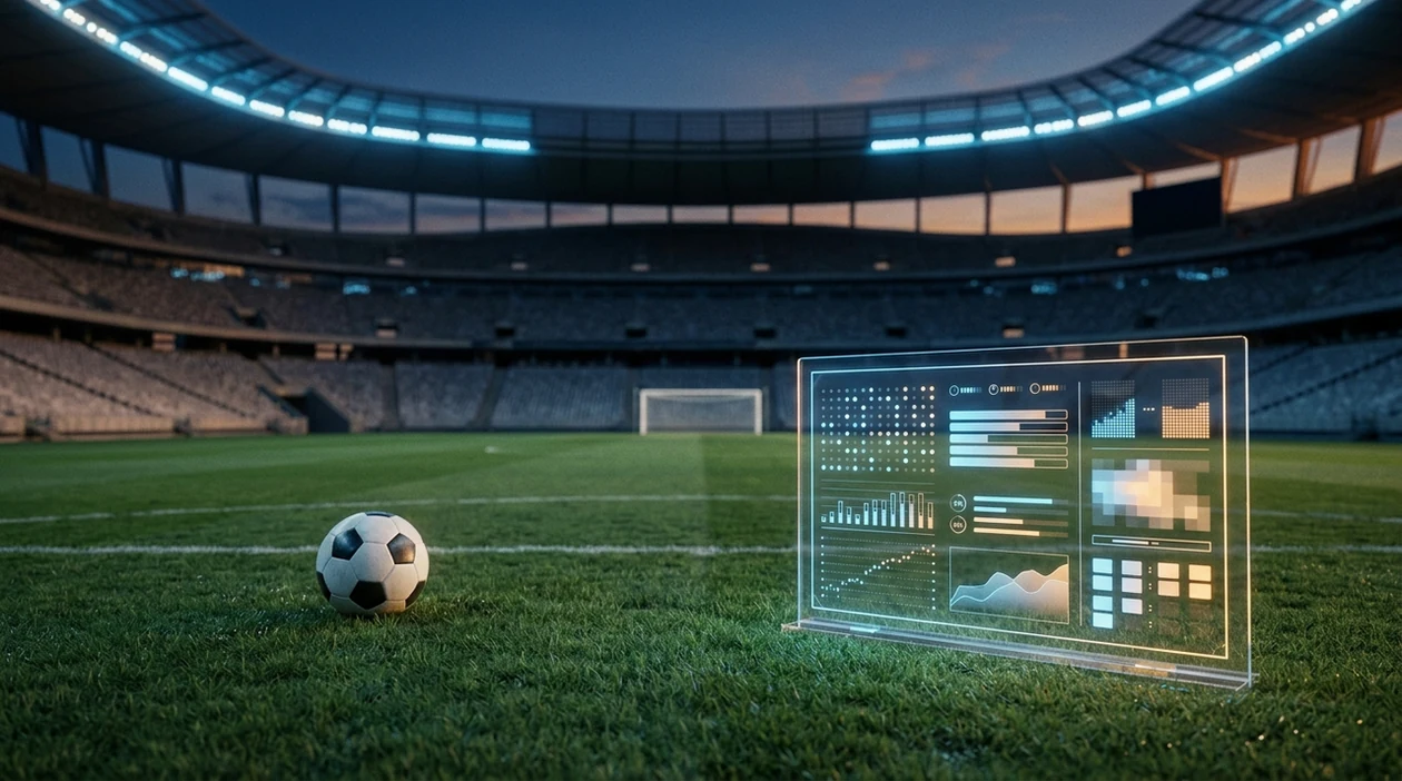 A football and abstract analytics board sit on a stadium pitch under evening floodlights.