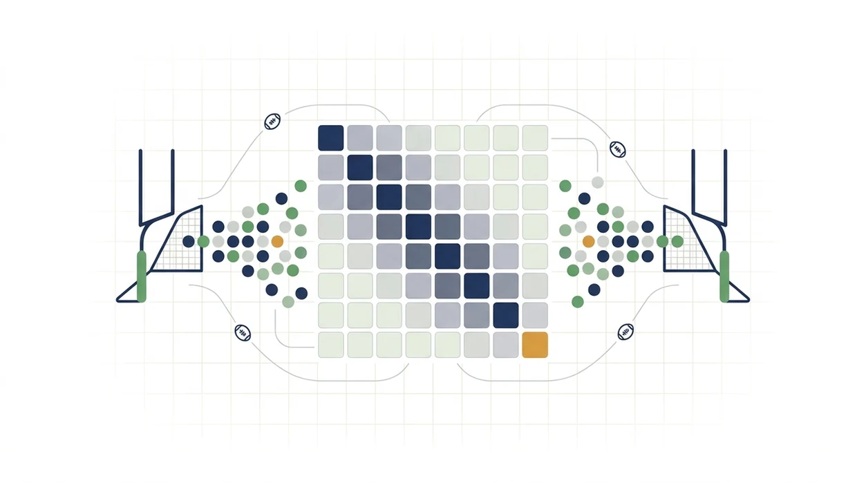 A clean abstract diagram shows football chances flowing into a probability heat map.
