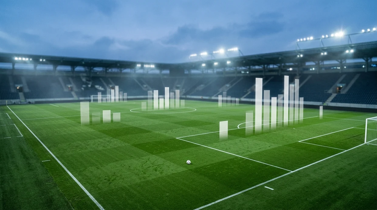 A football pitch with a ball and floating unlabeled probability bars suggesting ranked score forecasts.