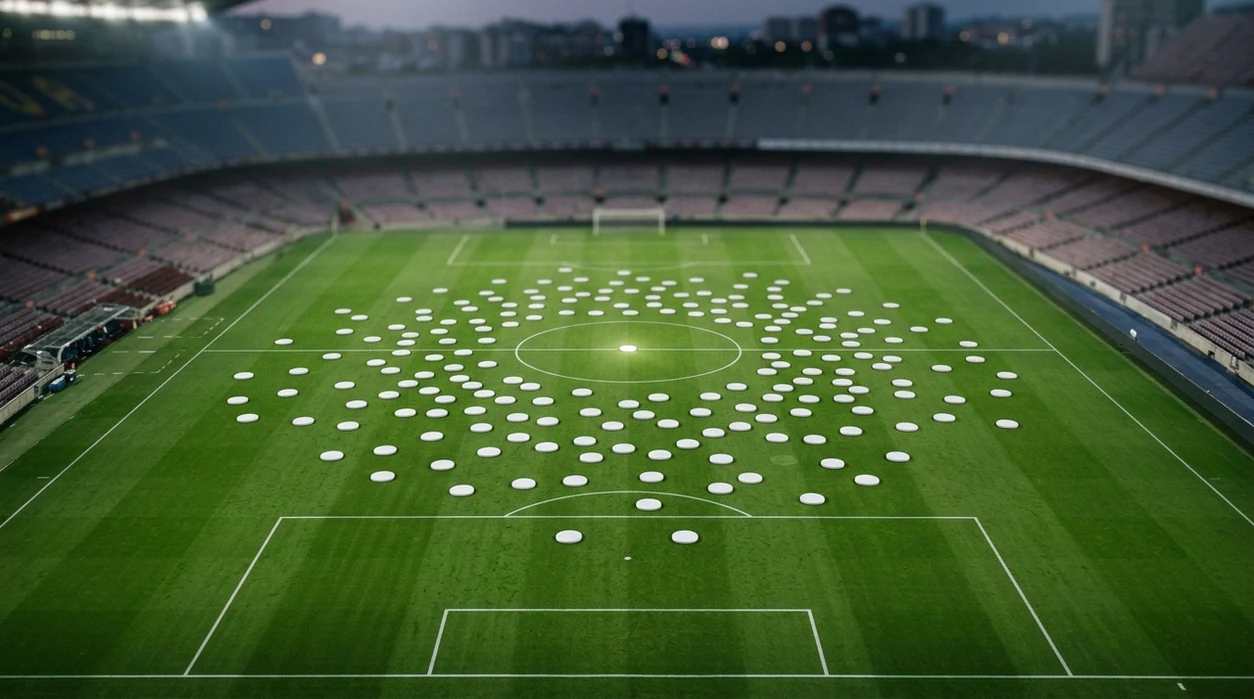 A football pitch with many small probability tokens spread across it, suggesting many possible final scores.