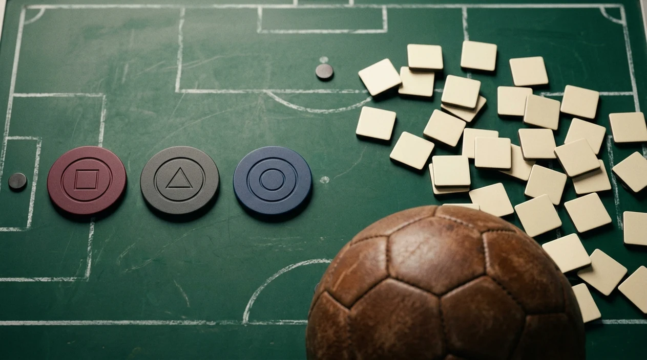A football tactics board contrasts three large outcome chips with many small scoreline tiles.