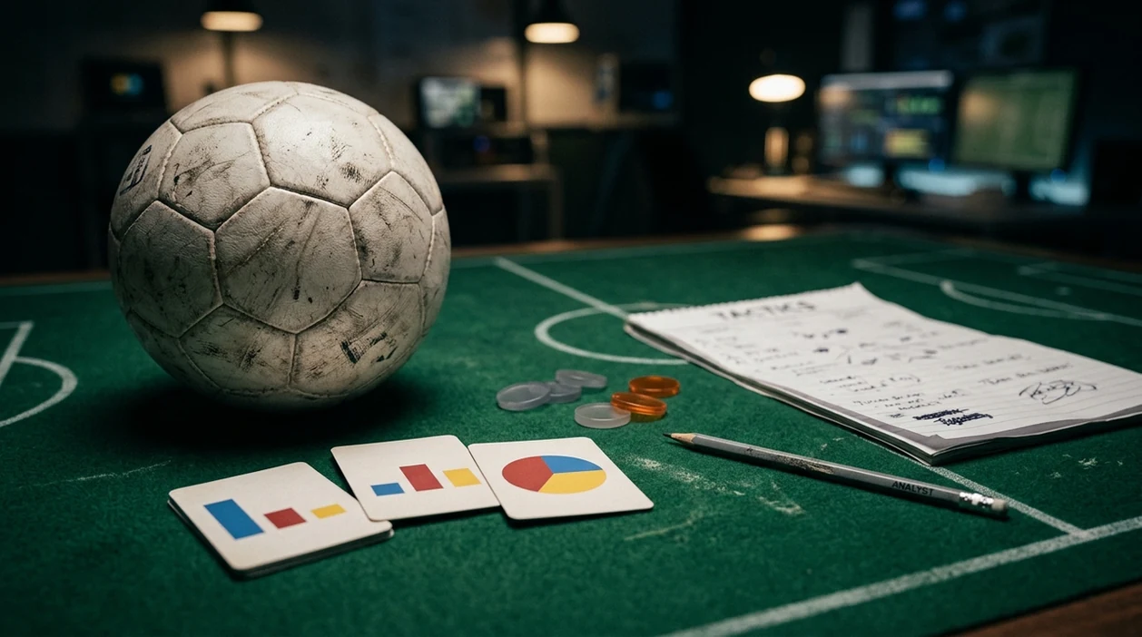 A football, blank probability cards, and analysis tokens sit on a green tactics table in low light.