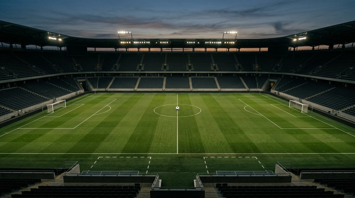 An empty football stadium shows a ball on the center spot between two evenly lit goals.
