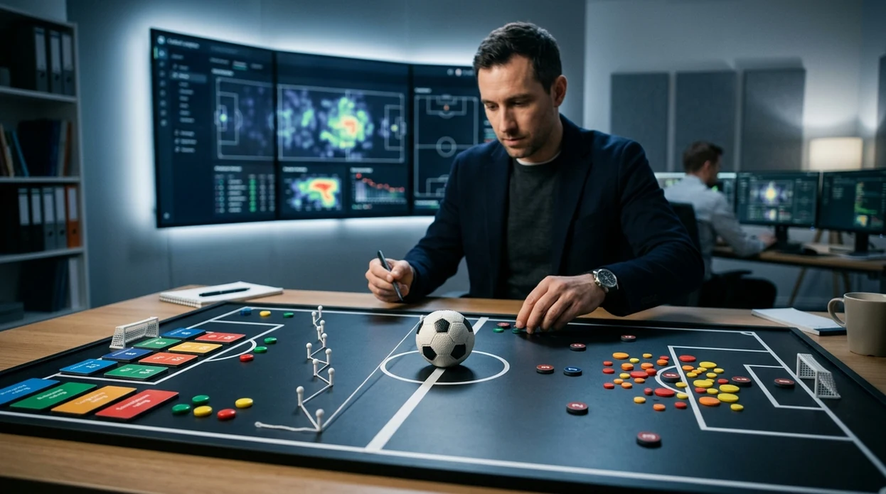 A football analytics board contrasts team strength ratings with shot-quality markers on a miniature pitch.