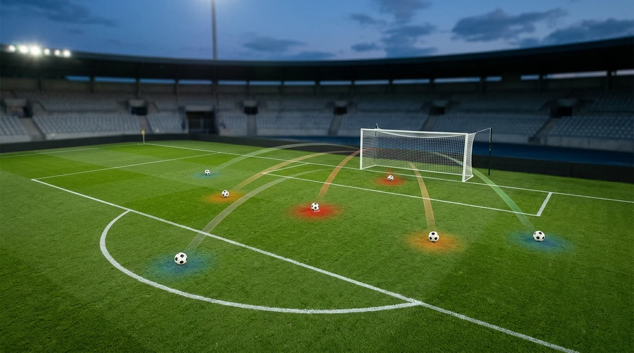 An empty football penalty area shows shot paths and heat-map glows representing expected goals data.