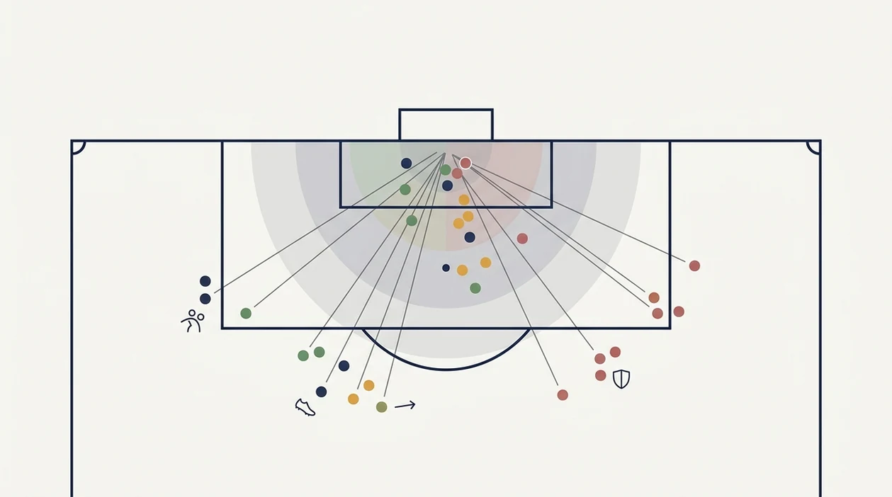A clean diagram shows shot locations, angles, body part cues, and pressure factors in an xG model.