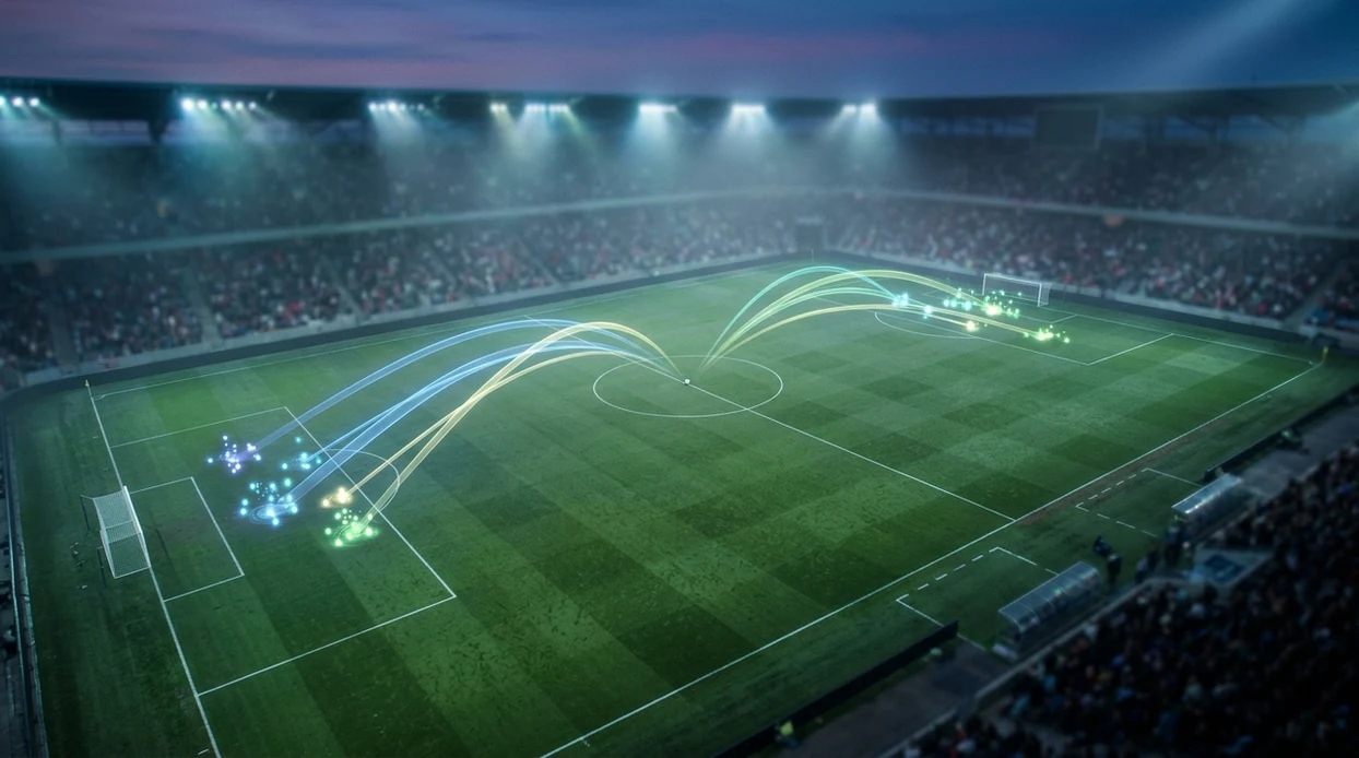 A football pitch with glowing probability paths suggesting AI-ranked score outcomes before a match.