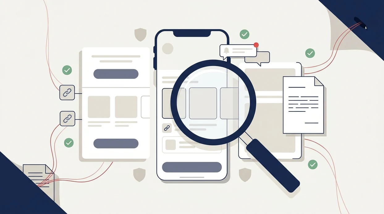 An illustration shows a magnifying glass auditing hidden app links and notification paths.