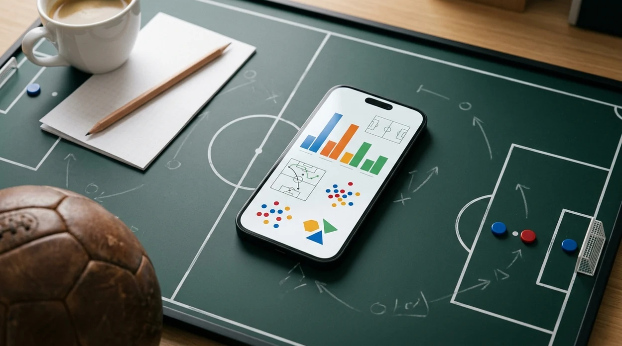 A football and tablet sit on a clean desk with abstract prediction charts and no betting clutter.