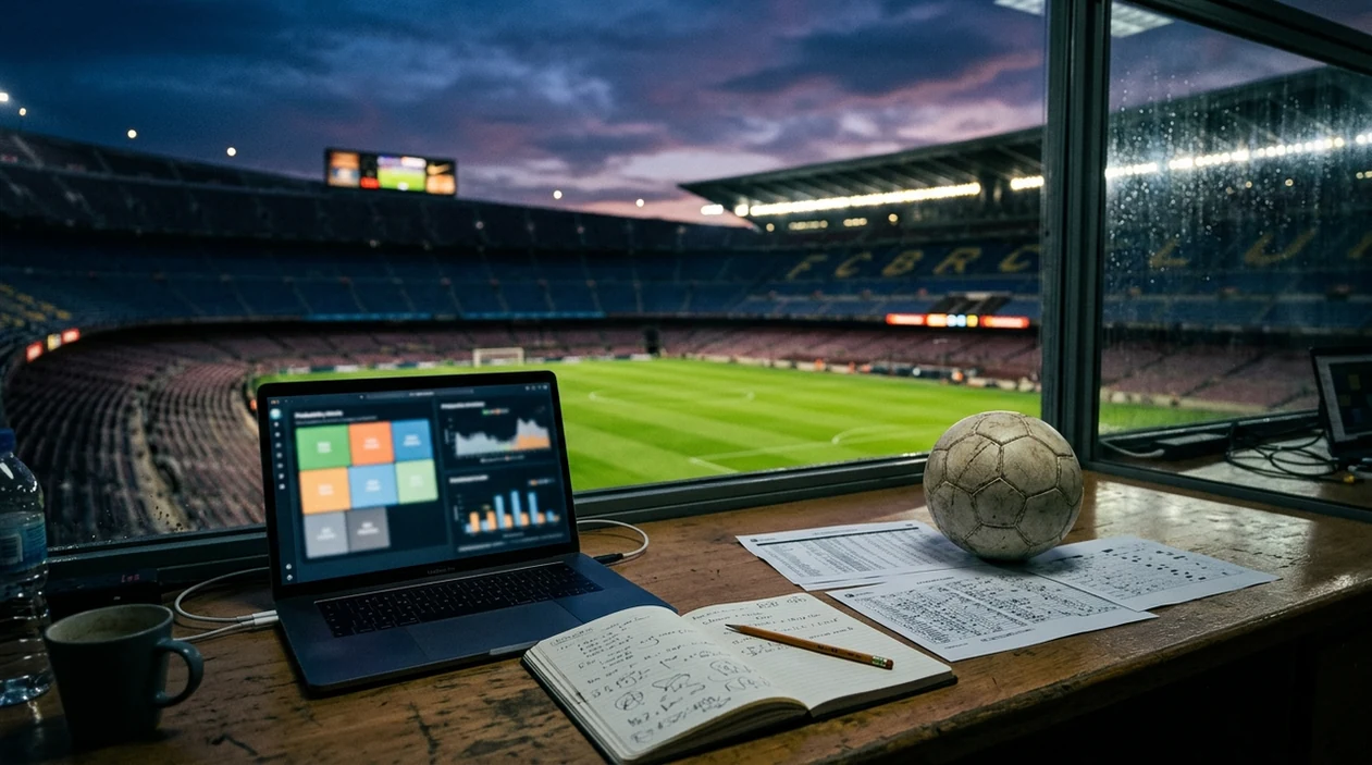 An analyst desk overlooks a floodlit football pitch with abstract data visuals on a laptop.