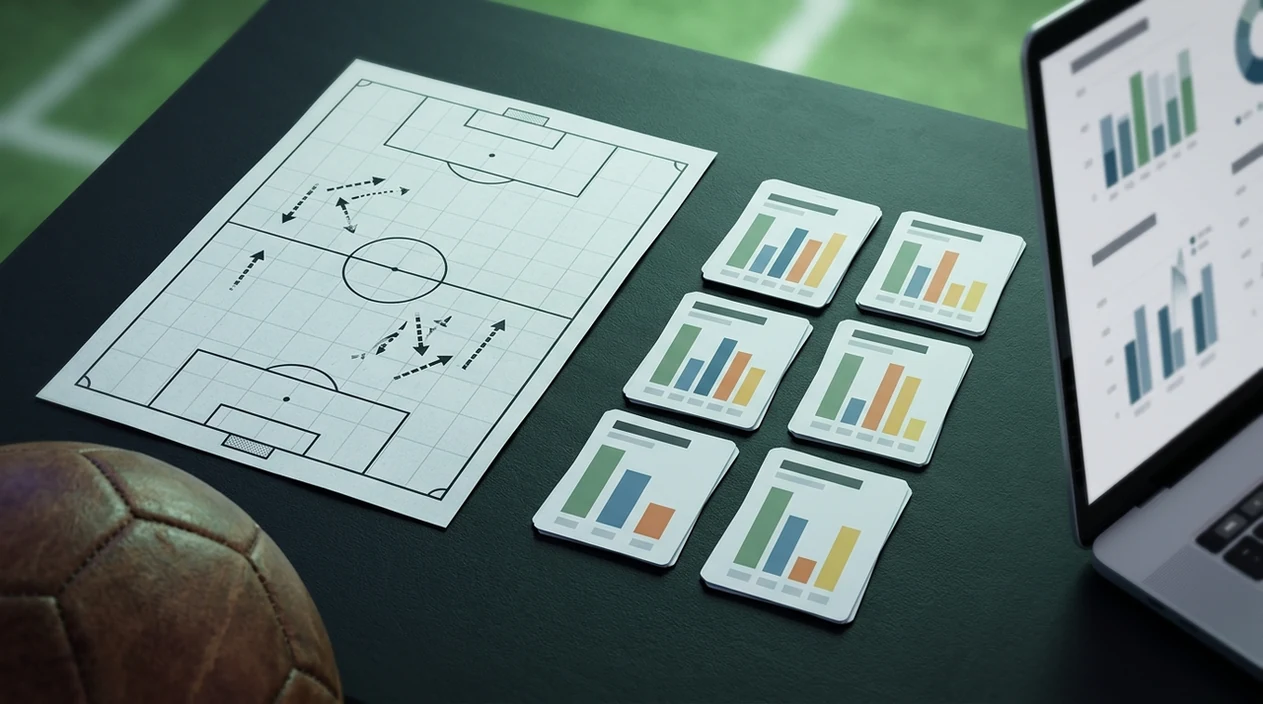 A football, pitch diagram, and abstract probability cards suggest market forecasts before kickoff.