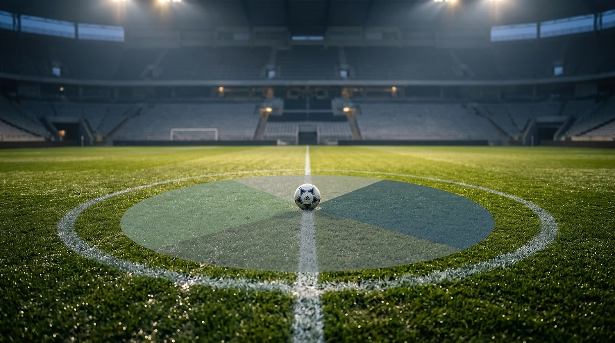 A football pitch with subtle probability-style wedges over the center circle under stadium lights.