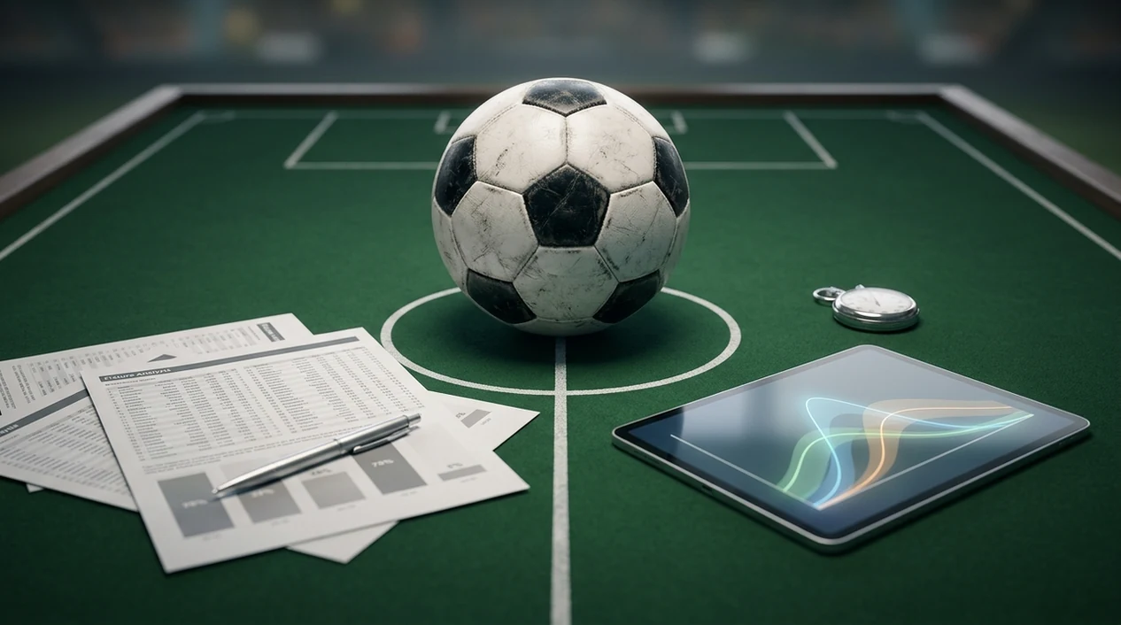 A football analytics desk contrasts dense statistical sheets with a modern probability dashboard.