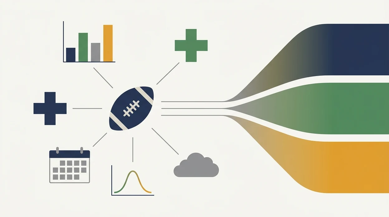 A clean diagram shows football prediction inputs flowing into abstract confidence bands.