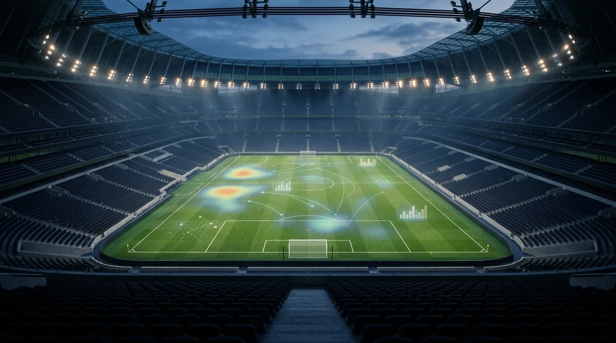 An empty football stadium pitch with subtle data overlays suggesting AI match prediction analysis.