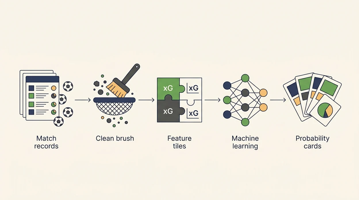 A wordless diagram shows football data moving through cleaning, features, modeling, and forecast output.