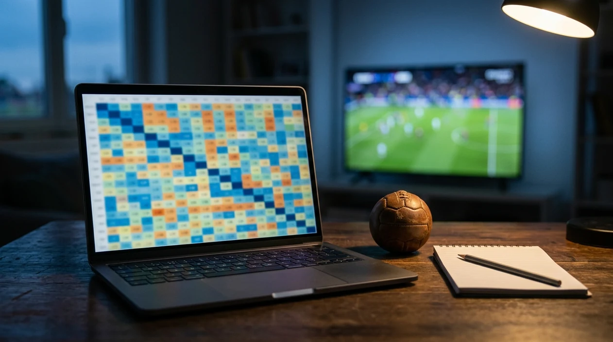 A laptop displays an abstract score probability grid beside a football on an analyst’s desk.