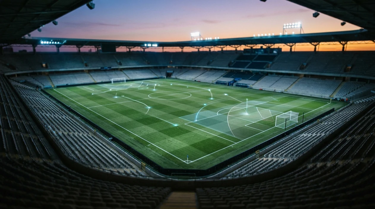 An empty football pitch is overlaid with subtle data lines and probability markers under stadium lights.