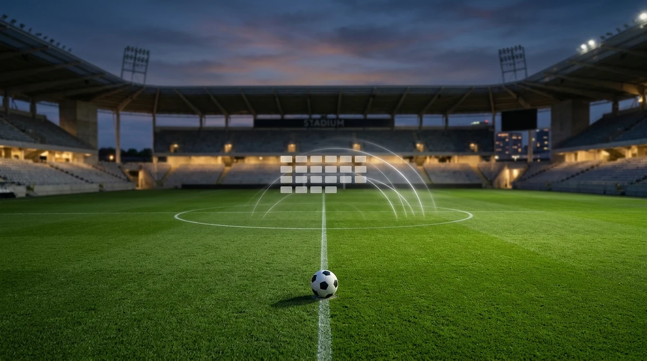 A football on a stadium pitch with abstract probability bands suggesting ranked score forecasts.