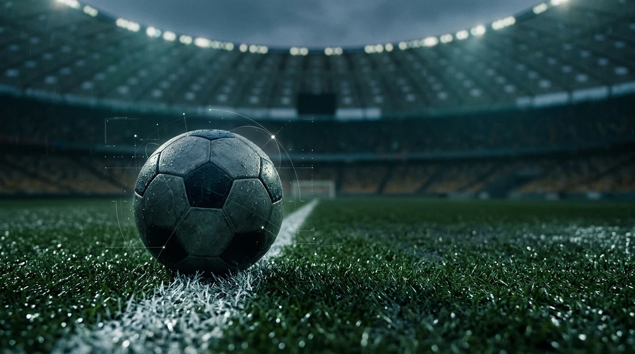 A football on a wet pitch is surrounded by abstract data marks under stadium lights.