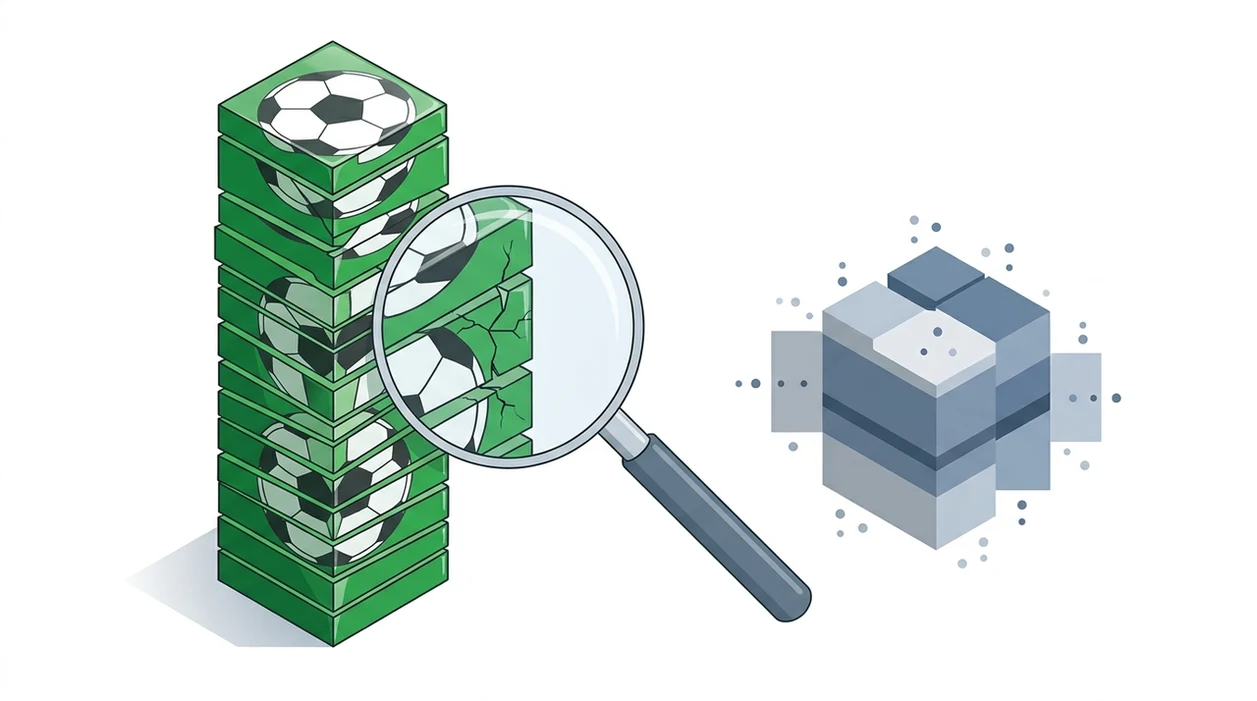 A clean illustration shows a magnifying glass examining an inflated football accuracy column.