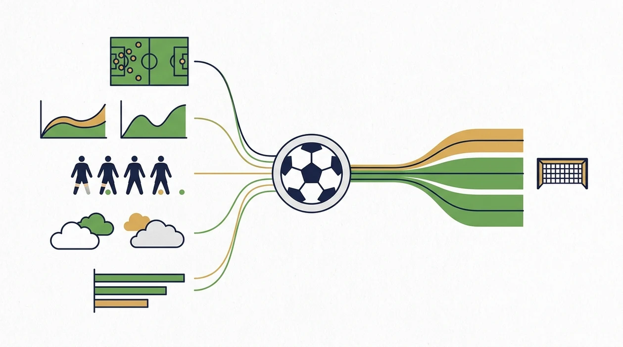 A clean diagram shows football data inputs flowing into an AI model for goal predictions.