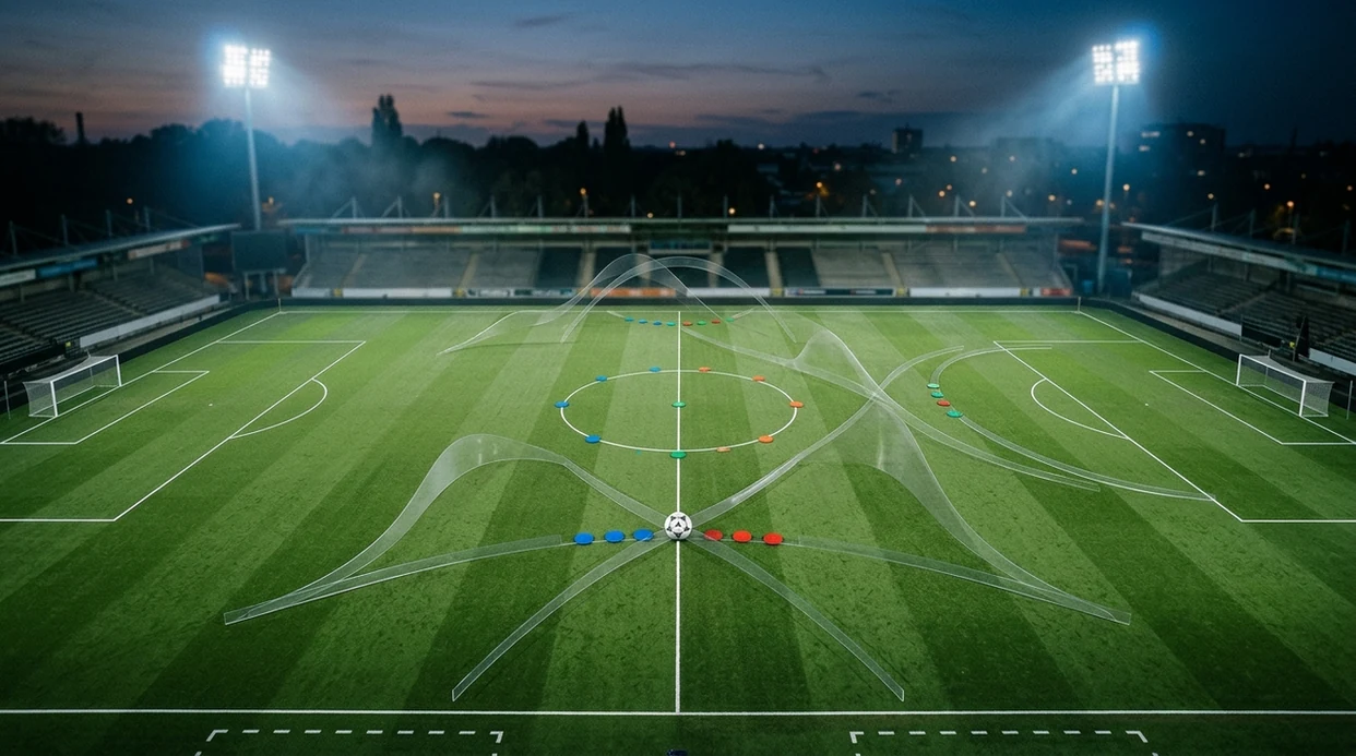 A floodlit football pitch with analyst markers and probability curves suggesting total goals forecasting.