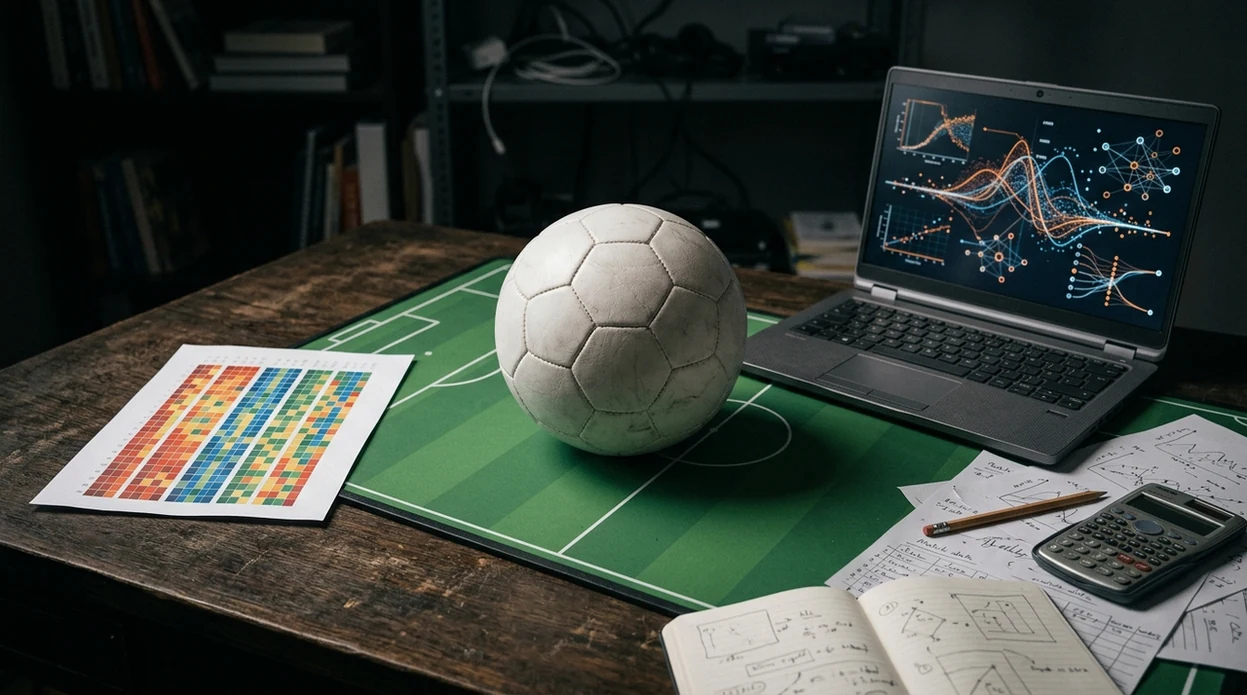 A football on an analyst desk separates a score grid from abstract machine learning patterns.