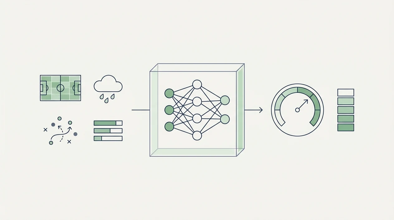 A clean diagram shows football data flowing through an AI model into probability and confidence outputs.