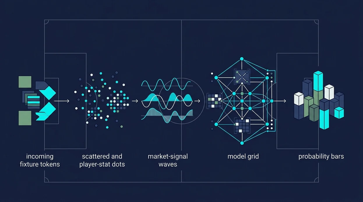 An unlabeled diagram shows football data flowing through AI model stages into probability outputs.
