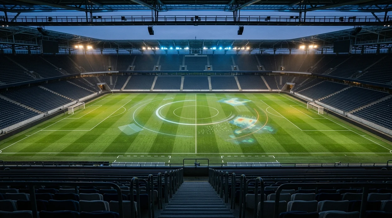 A floodlit football pitch with subtle data arcs suggesting AI match predictions for today’s fixtures.