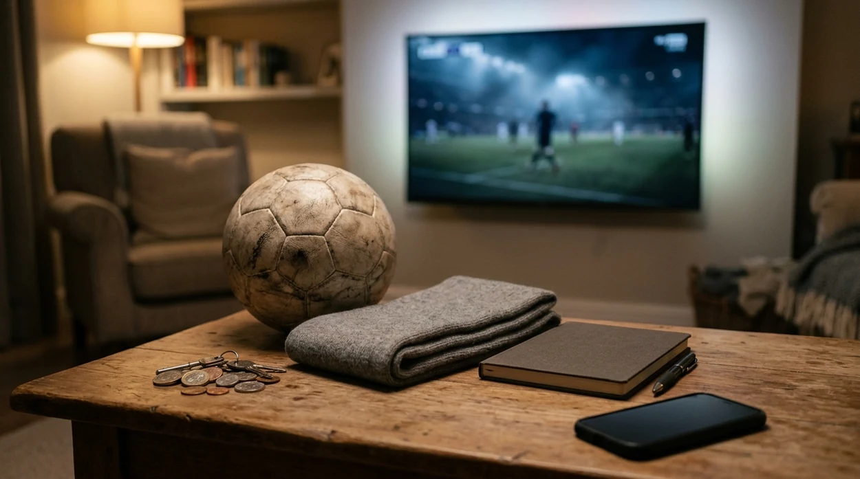 A football, scarf, coins, notebook, and face-down phone arranged calmly before a match.