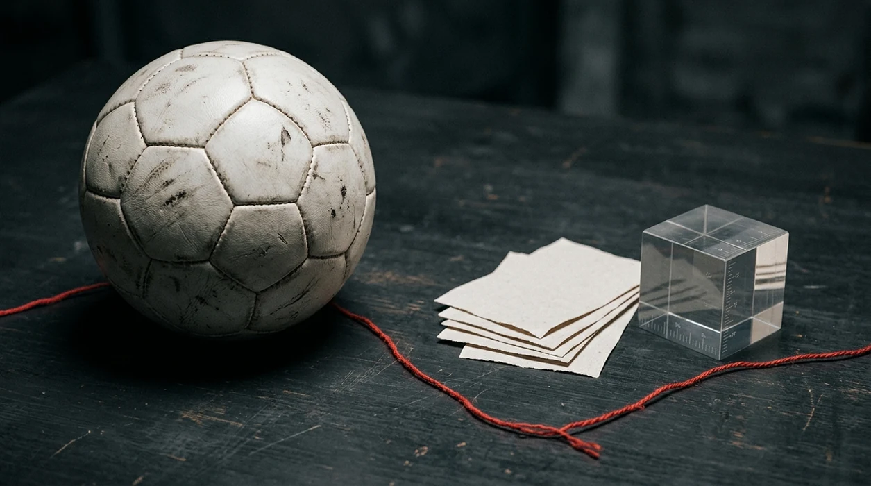 A football sits beside face-down slips and risk symbols, suggesting prediction uncertainty.