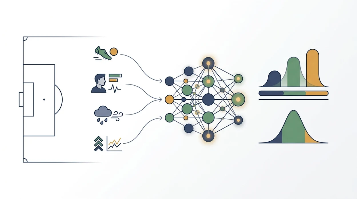 An abstract diagram shows football data inputs flowing into an AI probability model.