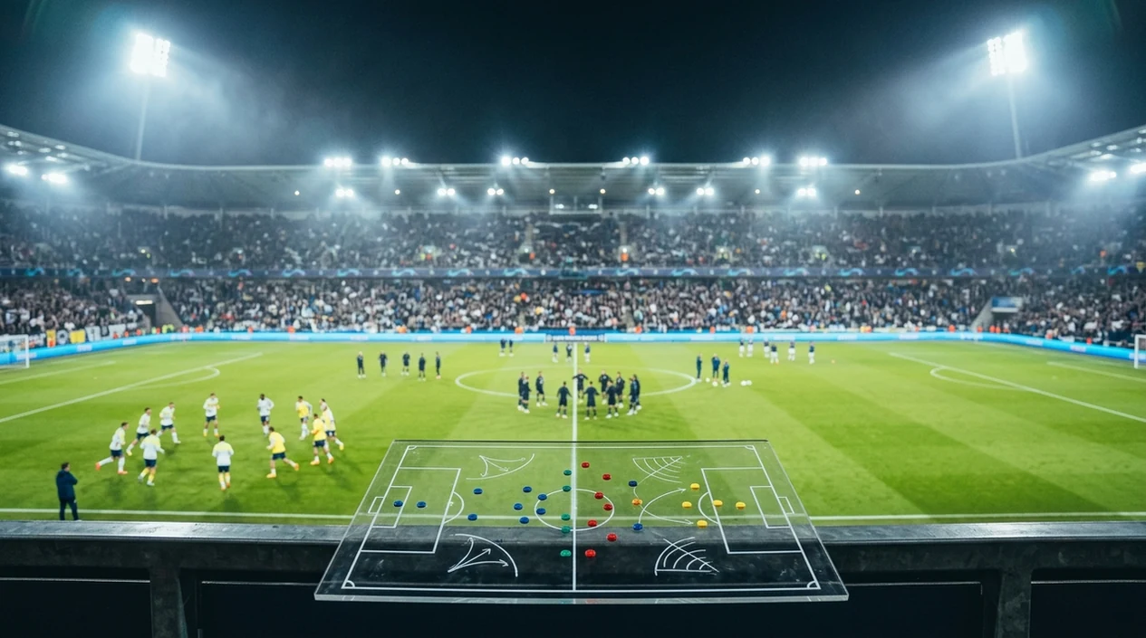 A stadium and tactical board suggest data-driven analysis of an underdog’s upset chance.